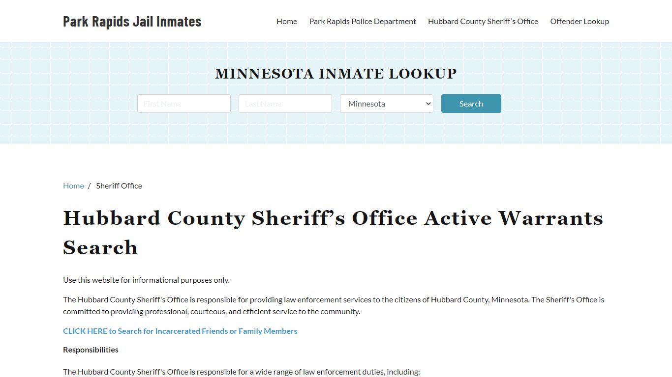 Hubbard County Sheriff Office, MN Warrant Lookup - Park Rapids Jail